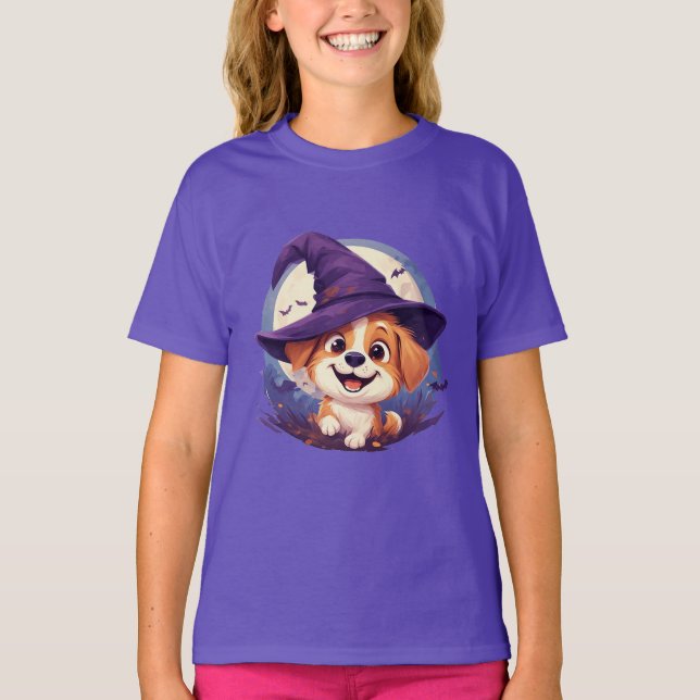 Adorable Dog in Witch Hat T-Shirt (Front)