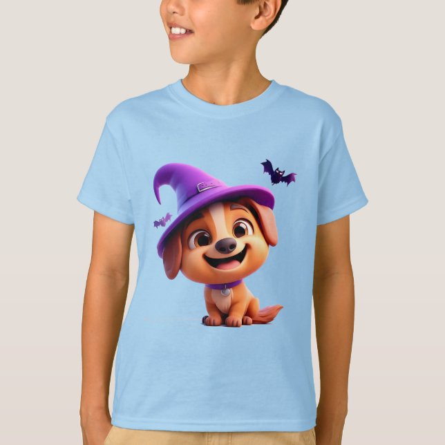 Adorable Dog in Witch Hat T-Shirt (Front)