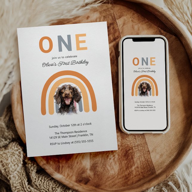 Adorable Dog Rainbow Watercolor 1st Birthday Party Invitation (Creator Uploaded)