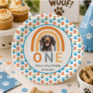 Adorable Dog Rainbow Watercolor 1st Birthday Party Paper Plate