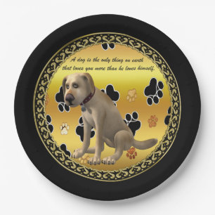 Adorable dog sitting with a cute fun quote paper plate