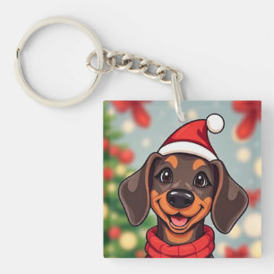 Adorable Dog Wearing Santa Hat Key Ring