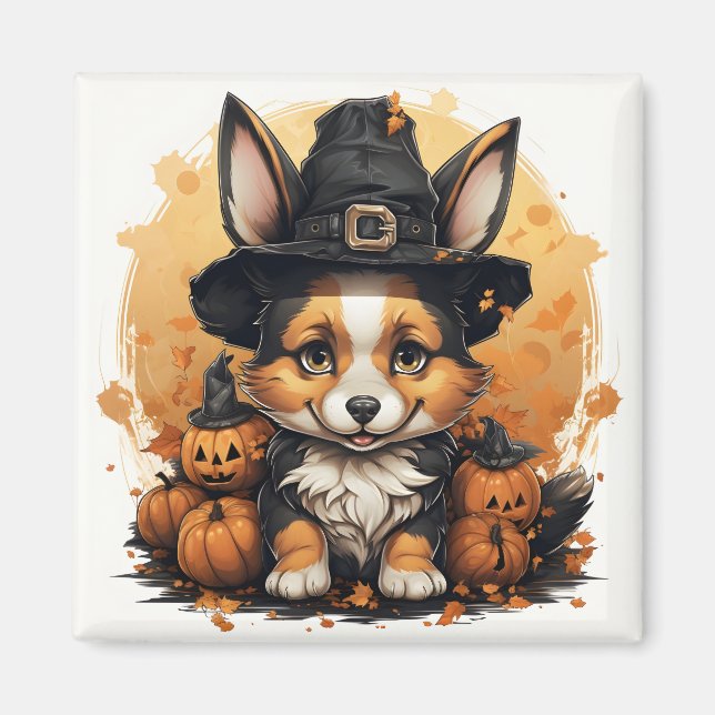 Adorable Dog With Pumpkins Cartoon Halloween Corgi Magnet (Front)