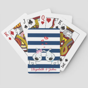 Adorable Dogs In Love on Striped-Personalised  Playing Cards