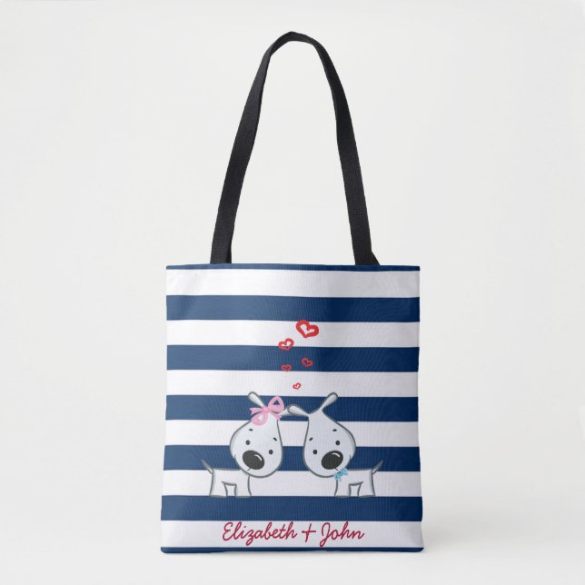 Adorable Dogs In Love on Striped-Personalised Tote Bag (Front)