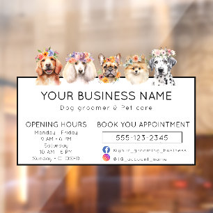 Adorable dogs with flower crown opening hours window cling