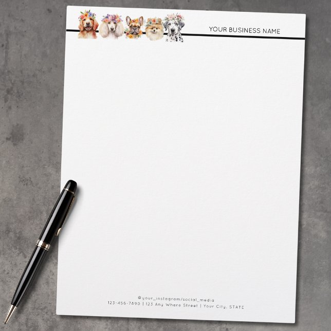 Adorable dogs with flower crown, watercolor  custom letterhead (Creator Uploaded)