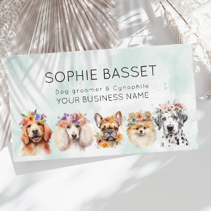 Adorable dogs with flower crown, watercolor green  business card