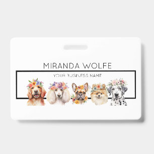 Adorable dogs with flower crown, watercolor Name ID Badge