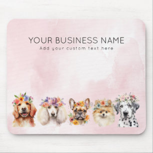 Adorable dogs with flower crown, watercolor pink mouse mat