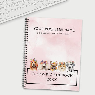 Adorable dogs with flower crown, watercolor pink notebook