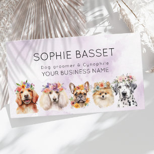 Adorable dogs with flower crown, watercolor purple business card