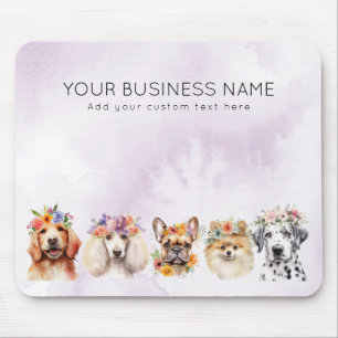 Adorable dogs with flower crown, watercolor purple mouse mat