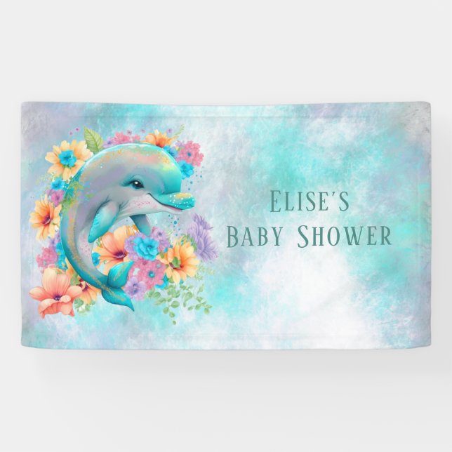 Adorable Dolphin and Florals Baby Shower Banner (Horizontal)