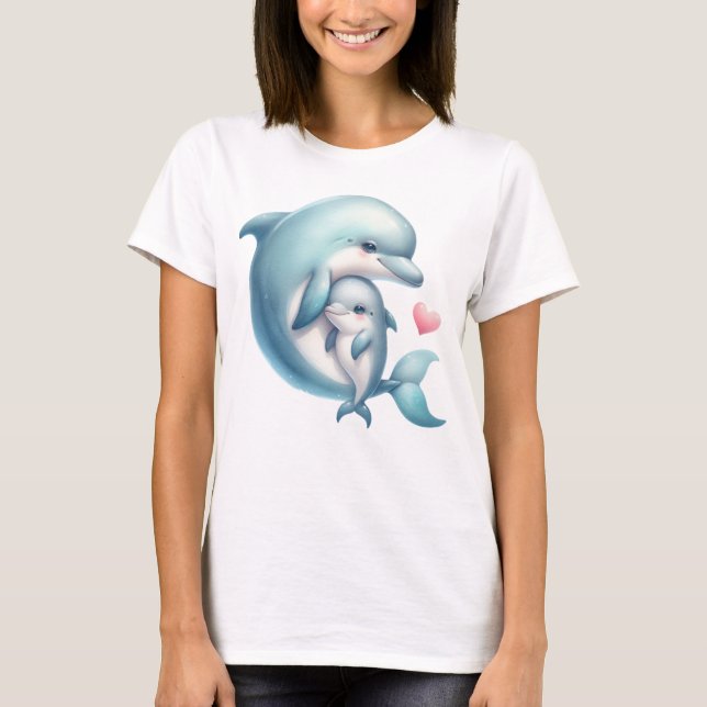 Adorable Dolphin Mother and Baby Heart Illustratio T-Shirt (Front)