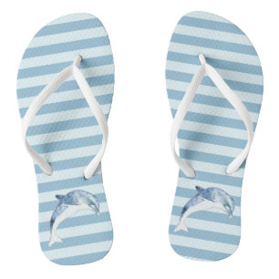 Adorable Dolphin On Light Blue  Stripes Flip Flops