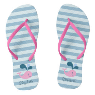 Adorable Dolphins ,Light Blue Stripes-Personalised Flip Flops