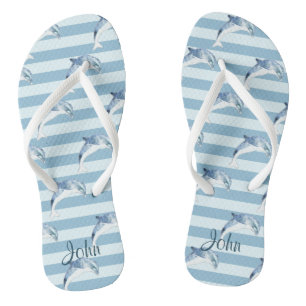 Adorable Dolphins On Light Blue  Stripes Flip Flops