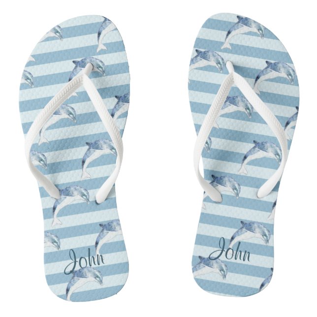 Adorable Dolphins On Light Blue  Stripes Flip Flops (Footbed)