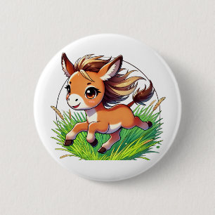 Adorable  donkey happily running 6 cm round badge