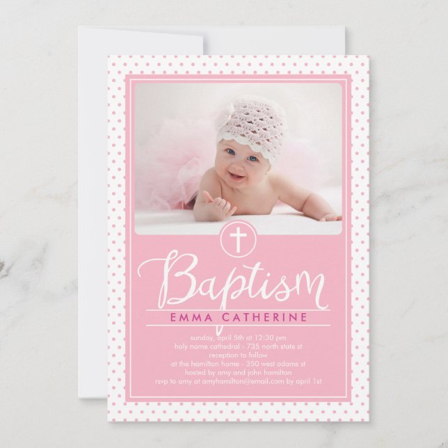Adorable Dots Baptism Invitation - Pink (Front)