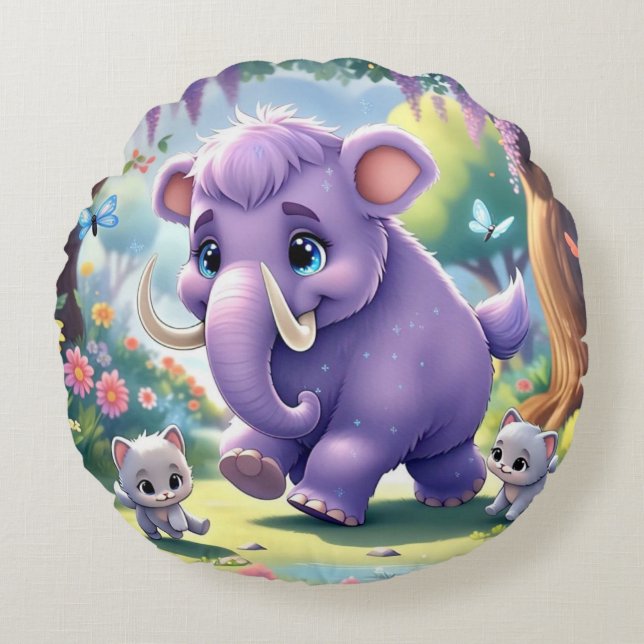 Adorable Double-sided Baby Mammoth Design  Round Cushion (Front)