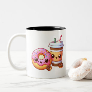 Adorable Doughnut & Coffee – Food Kawaii Art Two-Tone Coffee Mug
