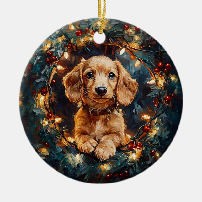 Adorable Doxie Dog Christmas Tree Lights Ceramic Tree Decoration (Front)