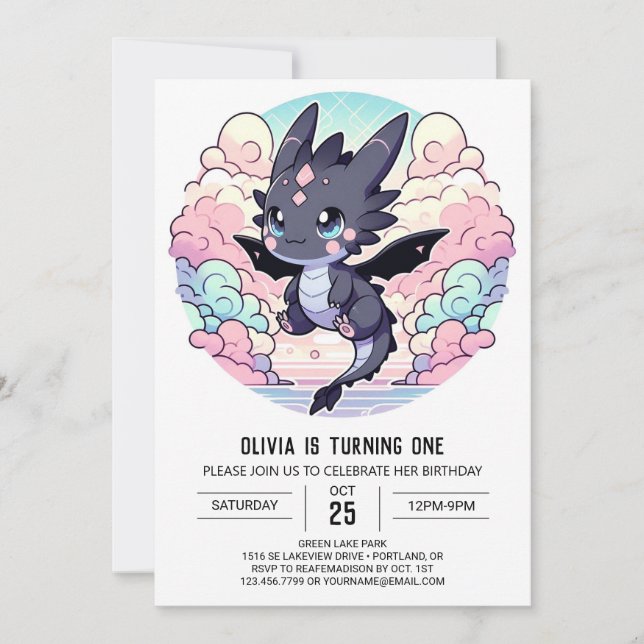 Adorable Dragon 1st Birthday Invitation (Front)