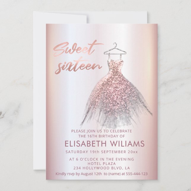 Adorable dress charming rose gold glittery ombre i invitation (Front)