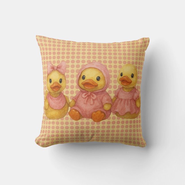 Adorable Duck Trio In Pink Outfits Cushion (Front)