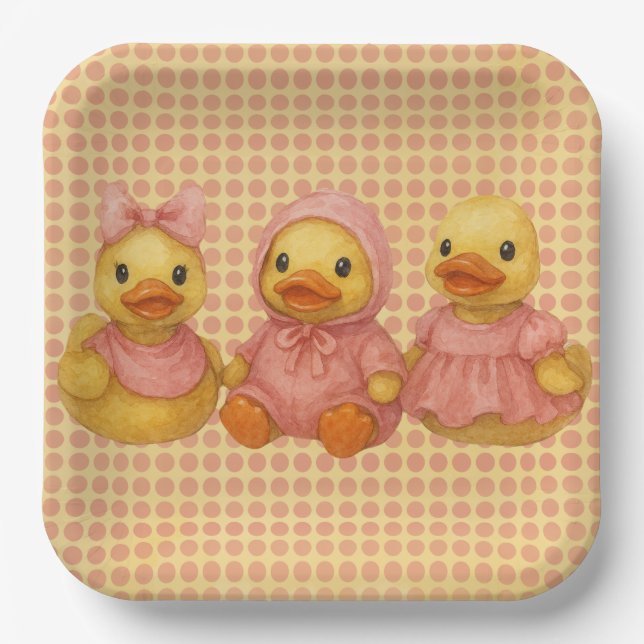 Adorable Duck Trio In Pink Outfits Paper Plate (Front)