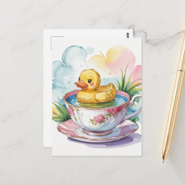 Adorable duckling in a teacup postcard (Front/Back In Situ)