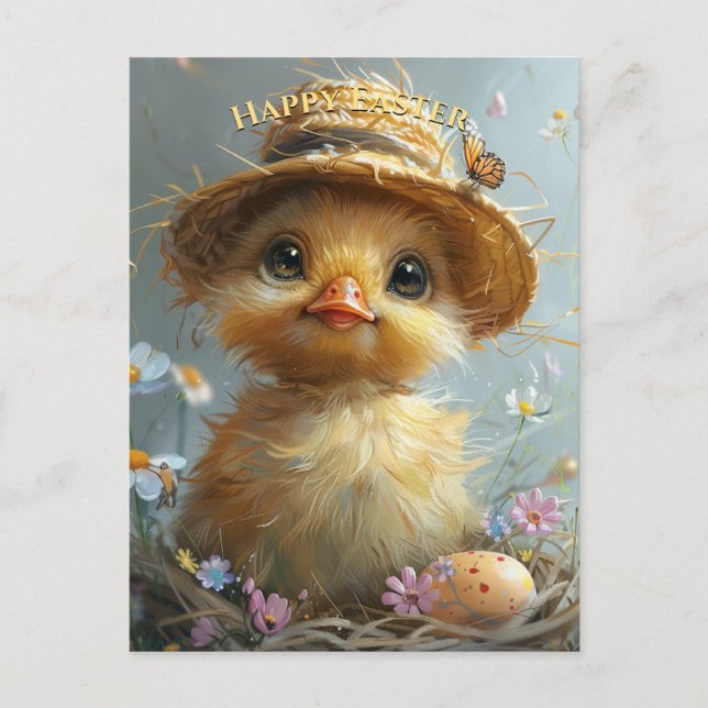Adorable Duckling Straw Hat Easter Egg Flowers Postcard (Front)
