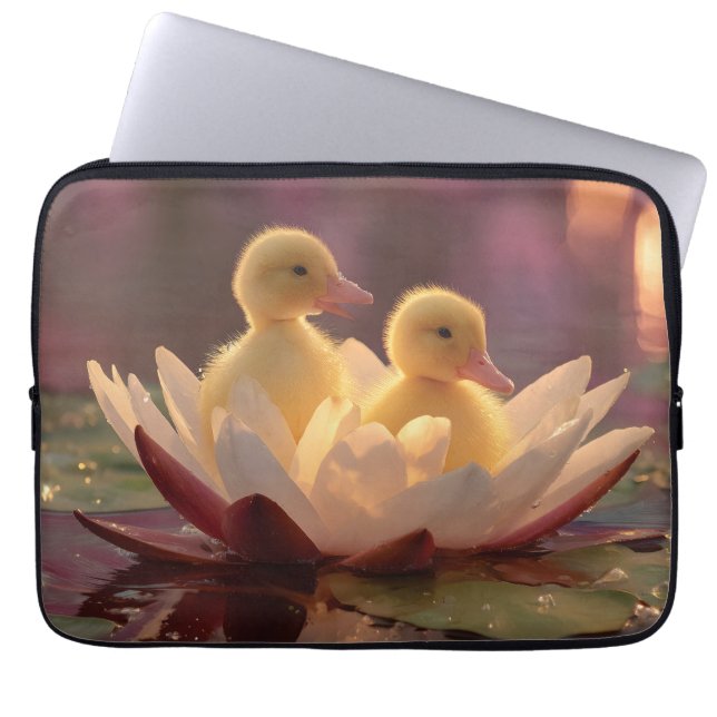 Adorable Ducklings in a Water Lily Flower Laptop Sleeve (Front)