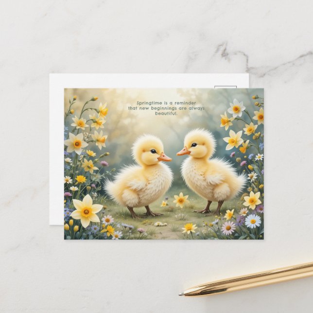 Adorable Ducklings in Spring Daffodils   Postcard (Front/Back In Situ)