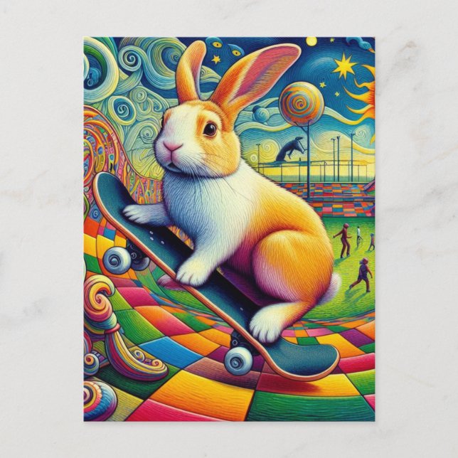 Adorable Dutch Rabbit Skateboarding Postcard (Front)