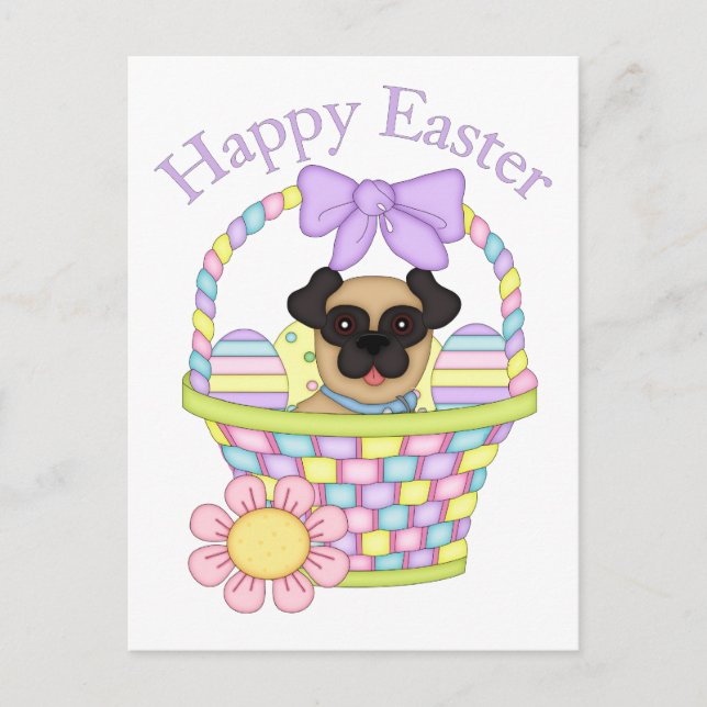 Adorable Easter Basket Pugs Tees and Gifts Holiday Postcard (Front)