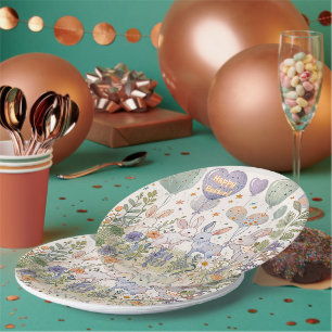 Adorable Easter Bunnies Pastel Floral Garden Paper Plate