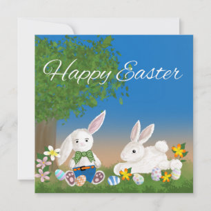 Adorable Easter Bunnies Playing with Easter Eggs Holiday Card