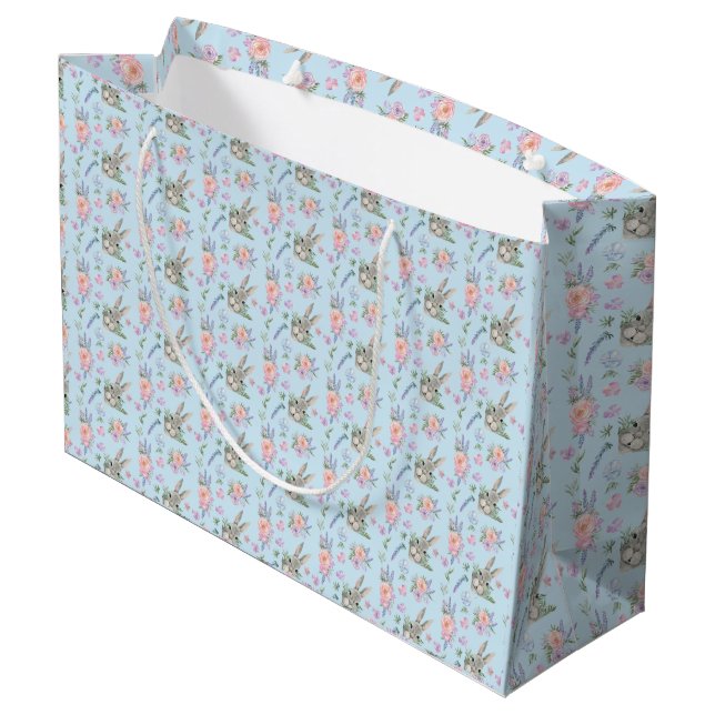 Adorable Easter Bunny Spring Pastel Flower Blue Large Gift Bag (Back Angled)