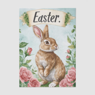 Adorable Easter Bunny with Pink Roses and a Banner Tissue Paper