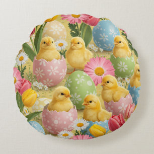 Adorable Easter Chicks & Floral Eggs Pattern Round Cushion