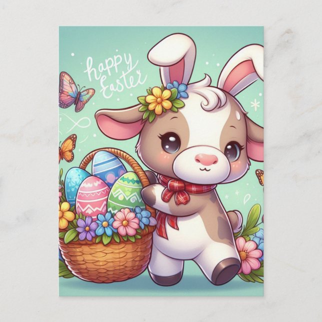 Adorable Easter Cow Bunny Postcard (Front)