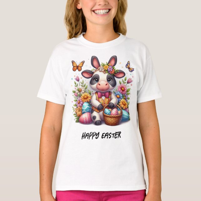 Adorable Easter Cow Bunny with Eggs T-Shirt (Front)