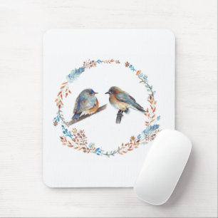 Adorable Eastern Bluebird Couple Floral Wreath Mouse Mat