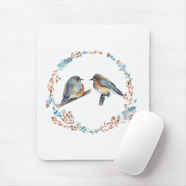 Adorable Eastern Bluebird Couple Floral Wreath Mouse Mat (With Mouse)