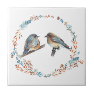 Adorable Eastern Bluebird Couple Floral Wreath Tile