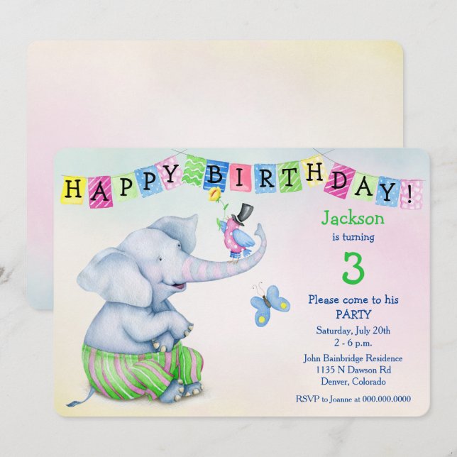 Adorable Elephant and Bird Kids Birthday Party Invitation (Front/Back)