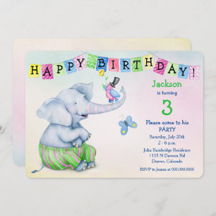 Adorable Elephant and Bird Kids Birthday Party Invitation